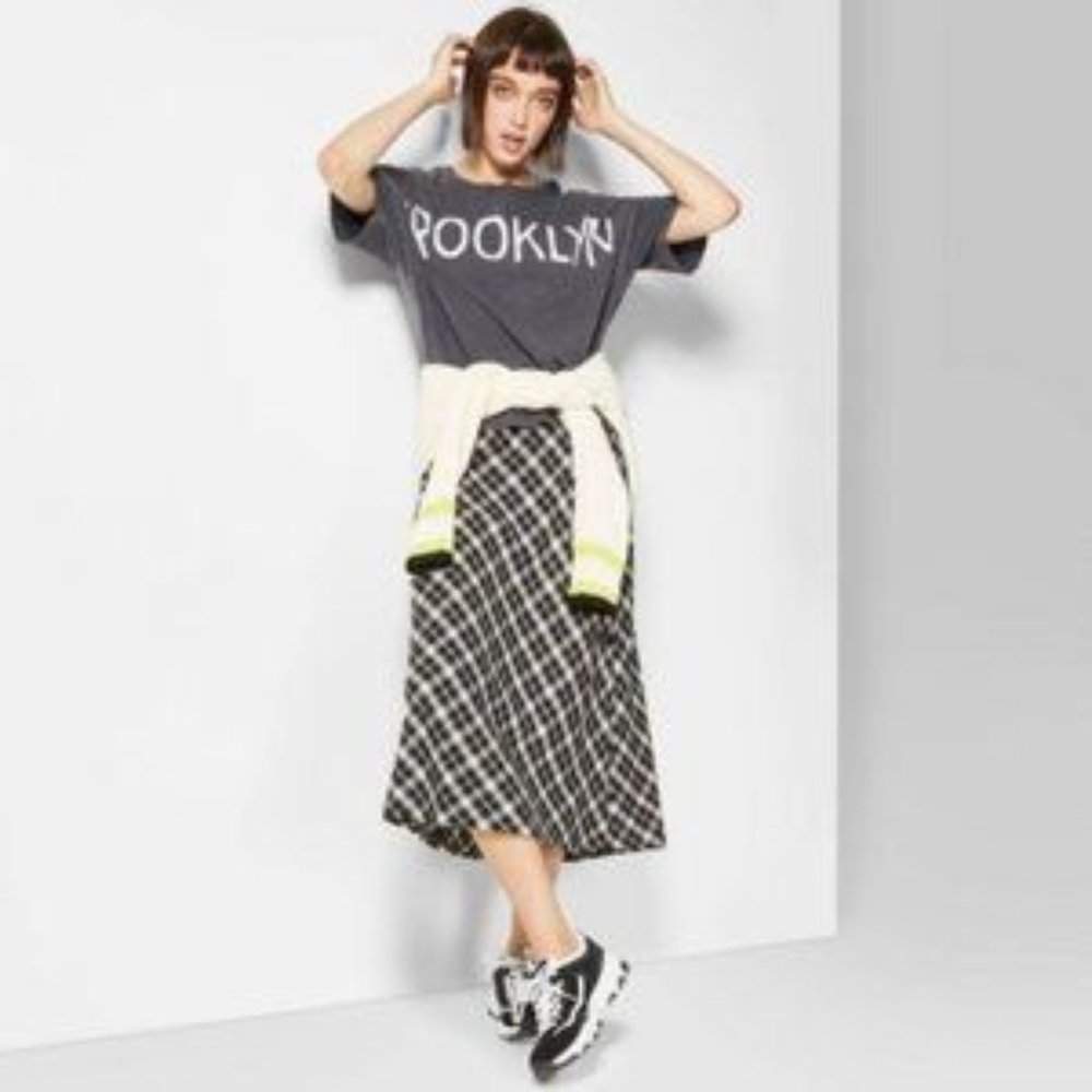 Wild Fable Women’s Plaid Bias Cut Midi Skirt- Black/White Size L